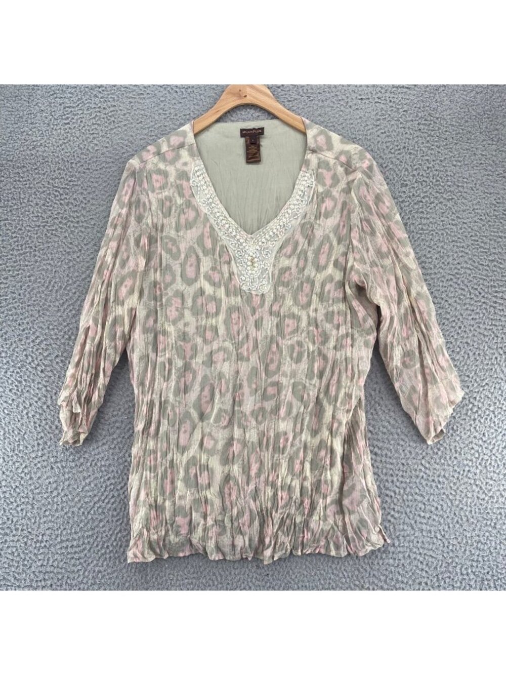Multiples Top Womens Large Taupe Pink Leopard Pearl Beaded V Neck Gauzy Tunic